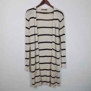 Doe & Rae Women's Beige Black Striped Long Sleeve Knitted‎ Open Cardigan Size M